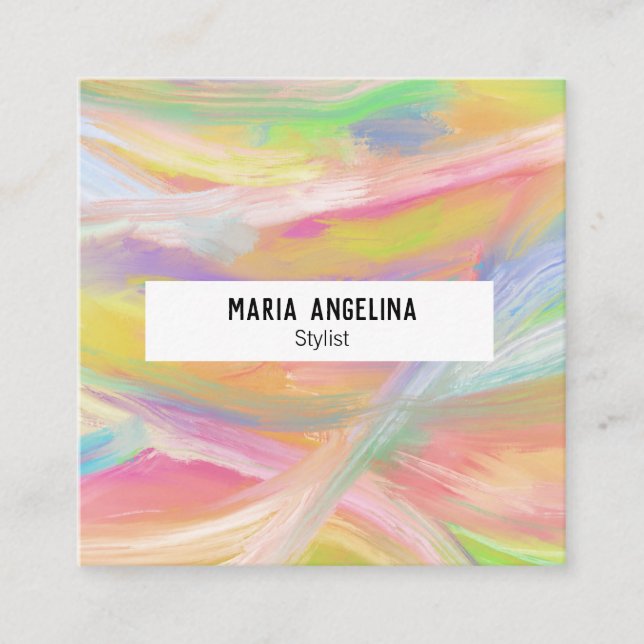 Colourful oil painting abstract rainbow square business card (Front)