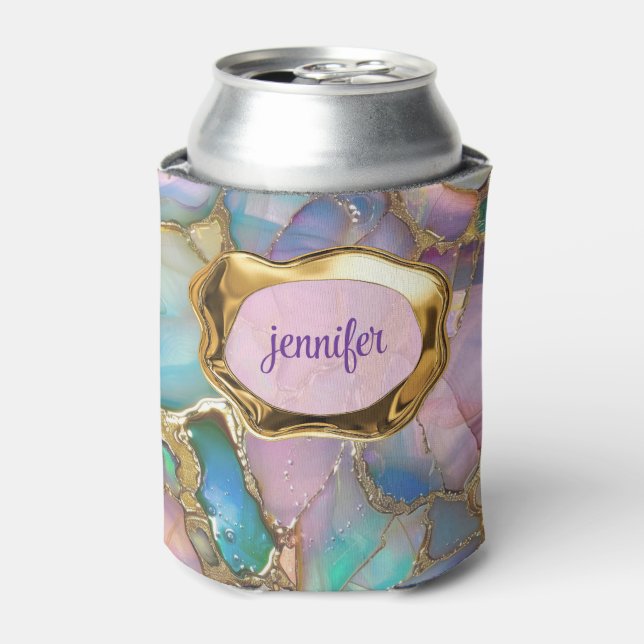 Colourful Opal and Liquid Gold Personalised Can Cooler (Can Front)