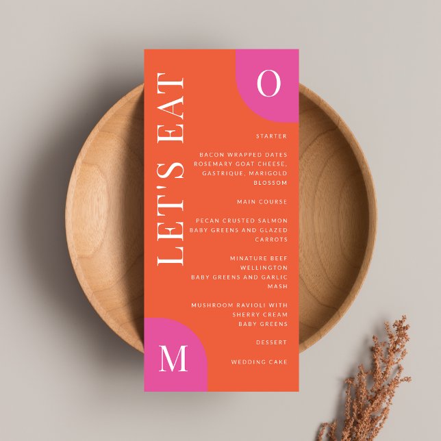 Colourful Orange And Pink Wedding Bold Bright Menu (This colorful menu is the perfect addition to a bright and fun wedding celebration)