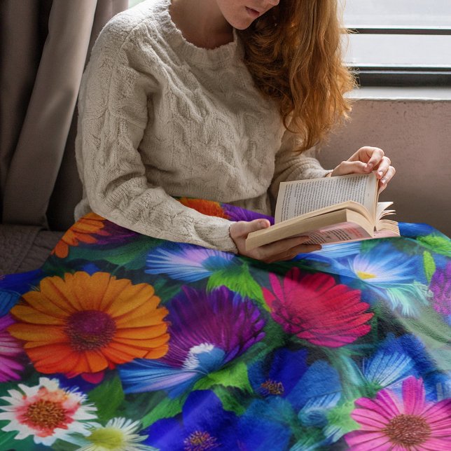 Colourful Orange Blue and Red Flowers Fleece Blanket (Creator Uploaded)