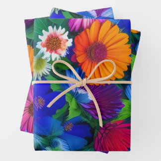 Colourful Orange Blue and Red Flowers Wrapping Paper Sheet