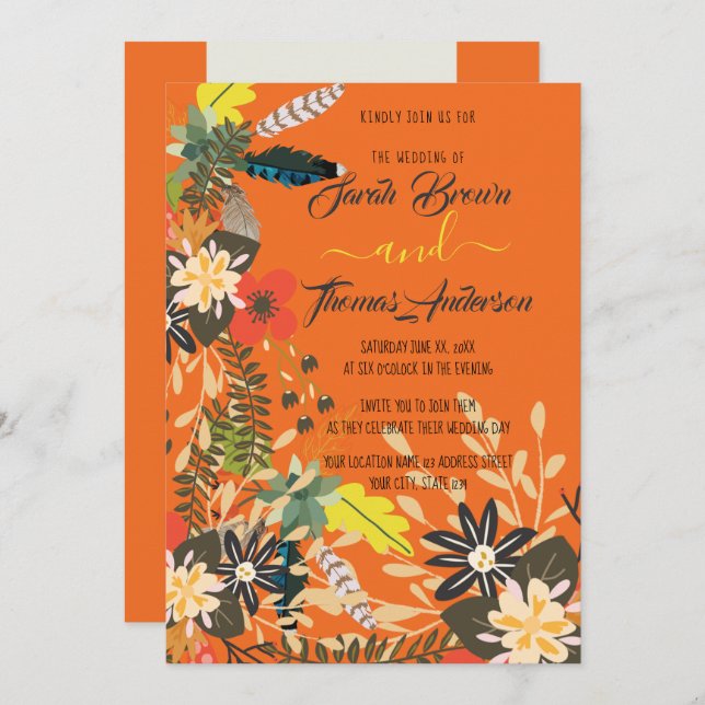 COLOURFUL ORANGE BOHO FLORAL INVITATION (Front/Back)