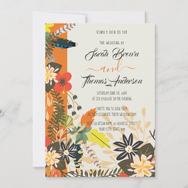 COLOURFUL ORANGE BOHO FLORAL INVITATION (Front)