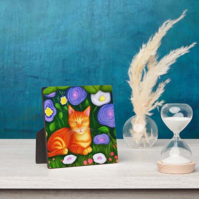Colourful Orange Cat in Flower Garden  Plaque (Insitu)