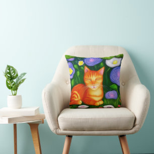 Colourful Orange Cat in Flower Garden Throw Pillow