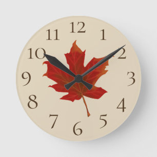 Colourful Orange Maple Leaf & Beige & Brown Round Clock