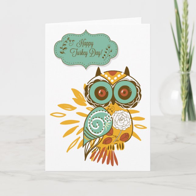 Colourful Orange Owl Happy Turkey Day Thanksgiving Holiday Card (Front)