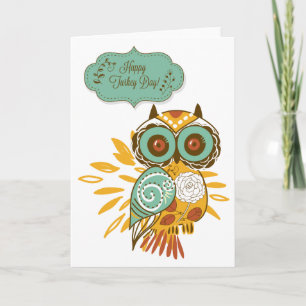Colourful Orange Owl Happy Turkey Day Thanksgiving Holiday Card