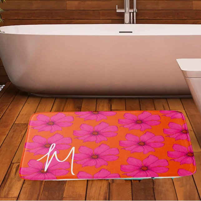 Colourful Orange Pink Floral Modern Monogram Bath Mat (Creator Uploaded)