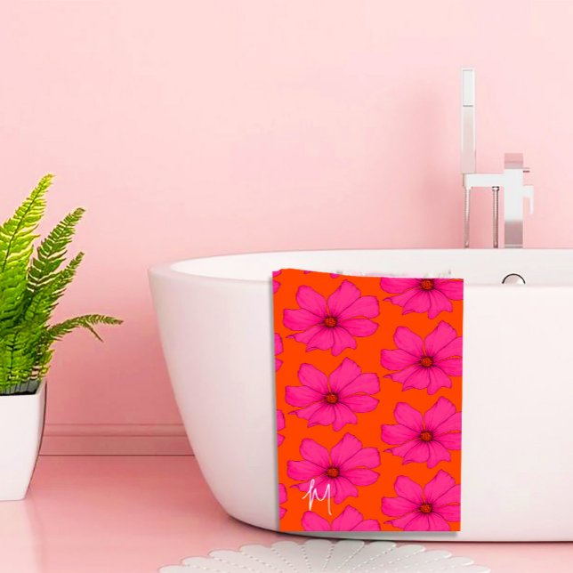 Colourful Orange Pink Floral Modern Monogram Bath Towel Set (Creator Uploaded)