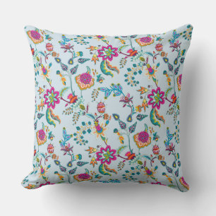 Colourful Orange Purple Teal Floral Chintz on Blue Cushion