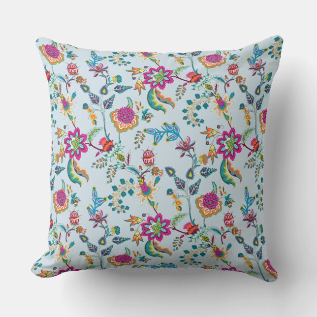 Colourful Orange Purple Teal Floral Chintz on Blue Cushion (Front)