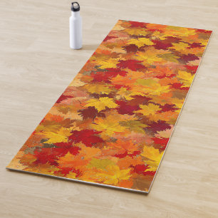 Colourful Orange Watercolor Leaf Pattern Yoga Mat