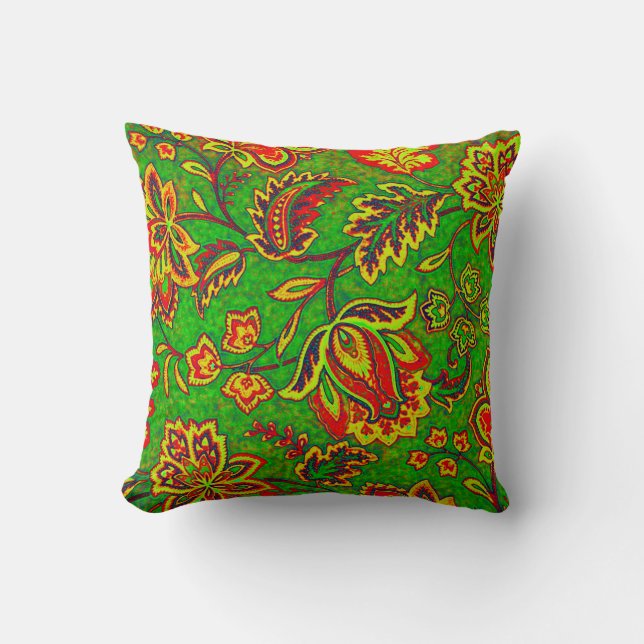 Colourful Orante Retro Flower-Green Background Cushion (Front)