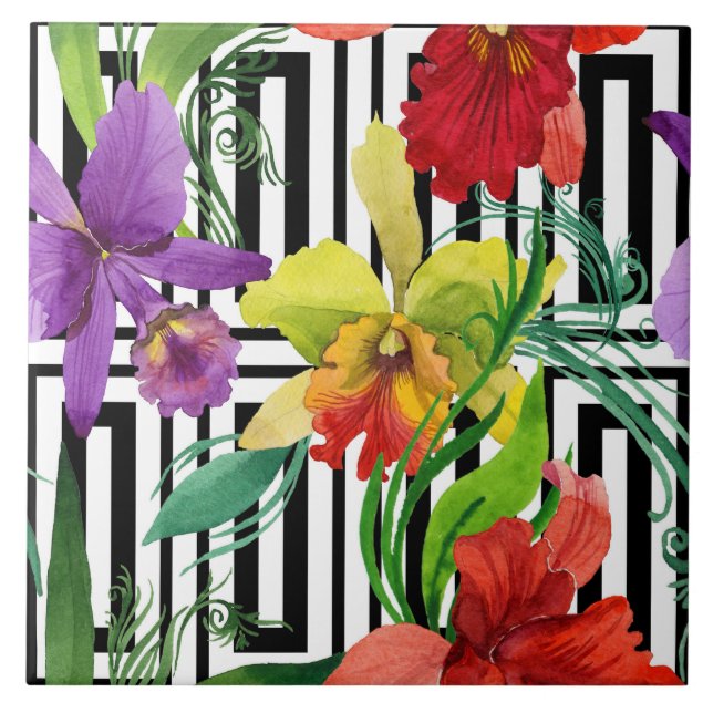 Colourful Orchid Flowers Watercolour Pattern Ceramic Tile (Front)