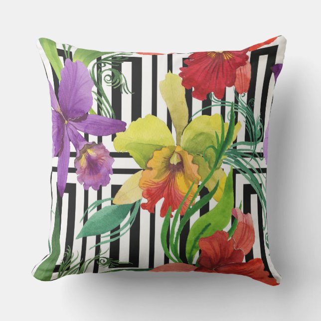Colourful Orchid Flowers Watercolour Pattern Cushion (Front)