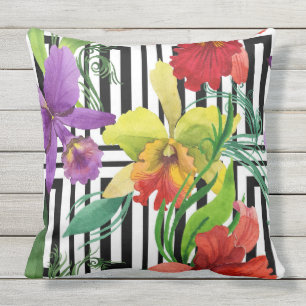 Colourful Orchid Flowers Watercolour Pattern Cushion