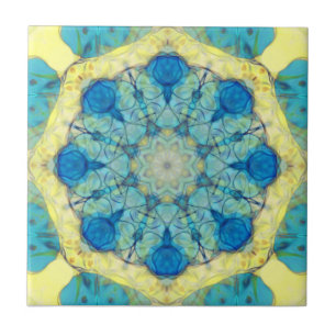 Colourful, oriental, abstract mandala,teal, yellow ceramic tile