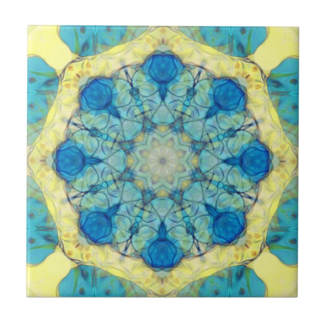 Colourful, oriental, abstract mandala,teal, yellow ceramic tile (Front)