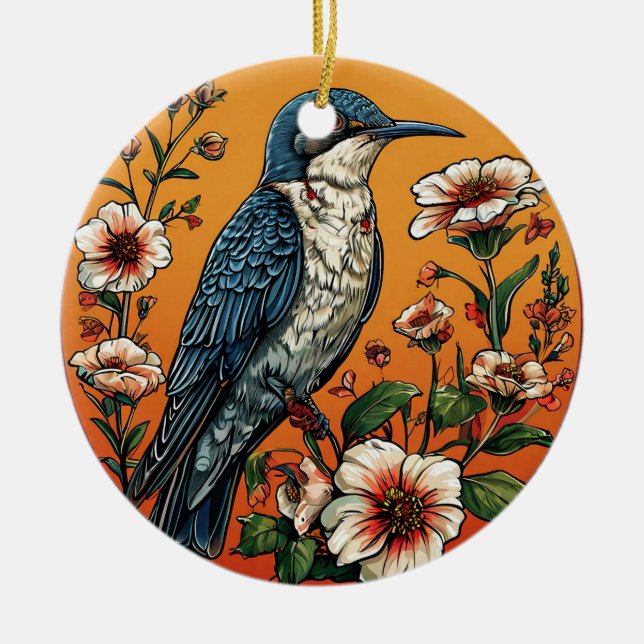 Colourful Oriental cuckoo Bird Ceramic Ornament (Front)