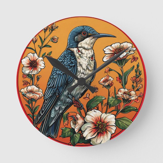 Colourful Oriental cuckoo Bird Round Clock (Front)