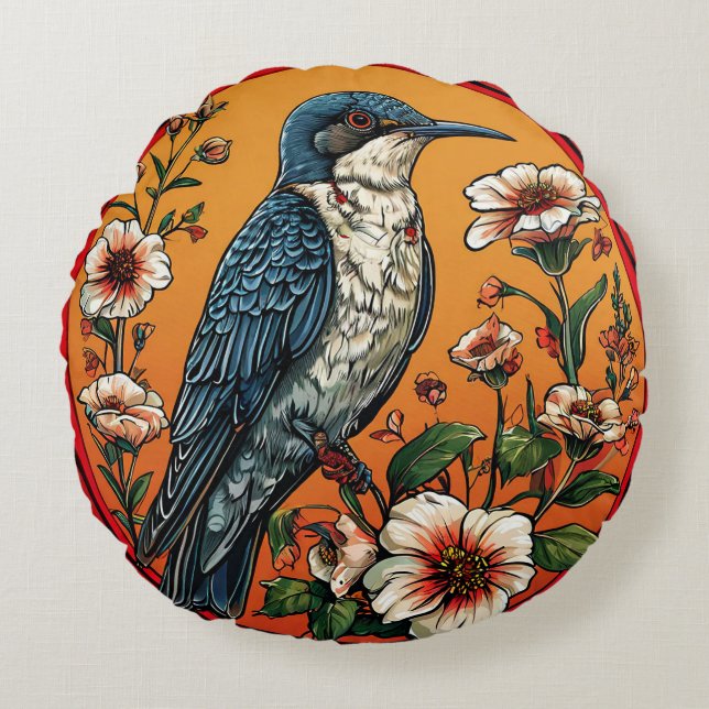 Colourful Oriental cuckoo Bird Round Cushion (Front)