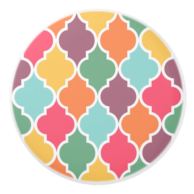 Colourful oriental quatrefoil pattern ceramic knob (Front)