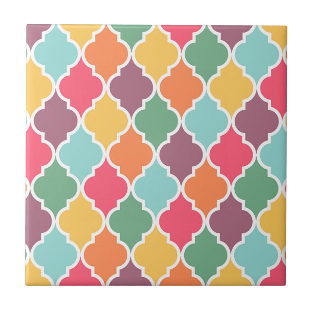 Colourful oriental quatrefoil pattern ceramic tile (Front)