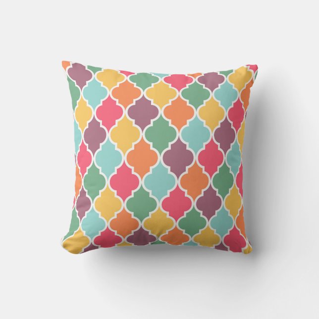 Colourful oriental quatrefoil pattern cushion (Front)