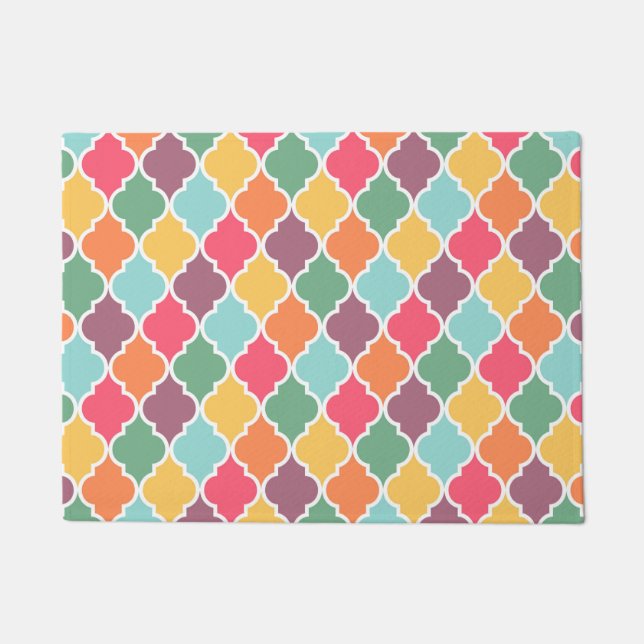 Colourful oriental quatrefoil pattern doormat (Front)