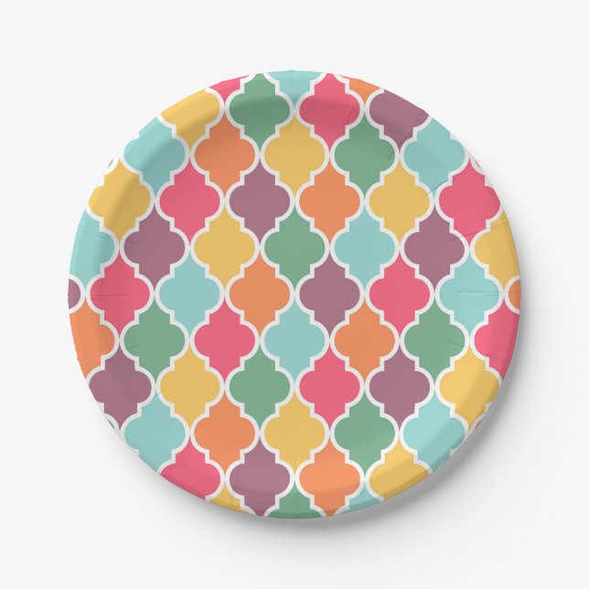Colourful oriental quatrefoil pattern paper plate (Front)