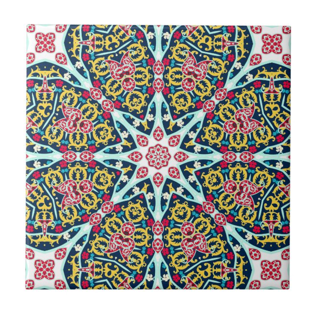 Colourful Ornamental Rosette Mandala Art Ceramic Tile (Front)