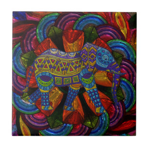 Colourful Ornate Elephant and Mandala Ceramic Tile