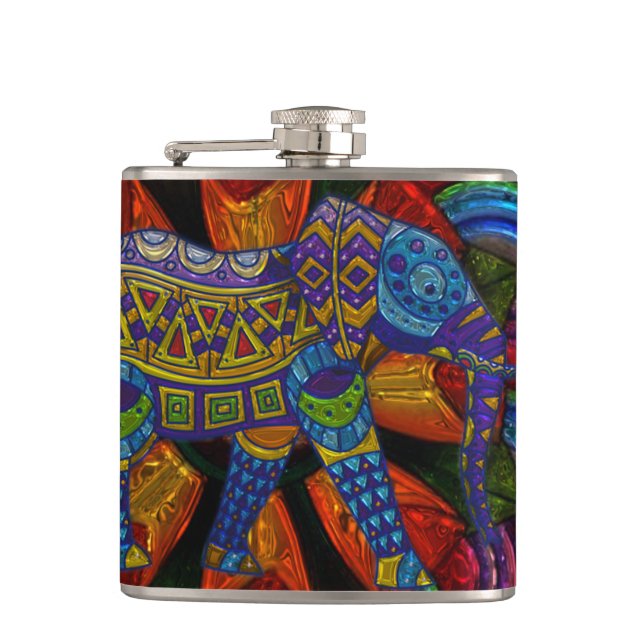 Colourful Ornate Elephant and Mandala Hip Flask (Front)