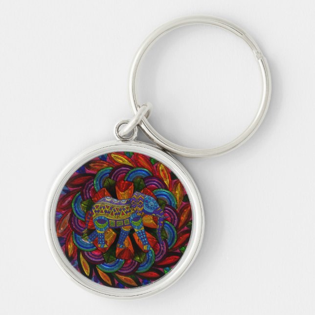 Colourful Ornate Elephant and Mandala Key Ring (Front)