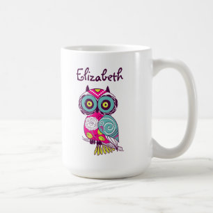 Colourful Ornate Floral Owl Custom Name Mug