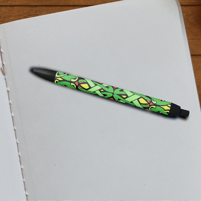 Colourful Ornate Irish Celtic Knot Black Ink Pen (Abstract green, red black Celtic Irish knot design on writing pen.)