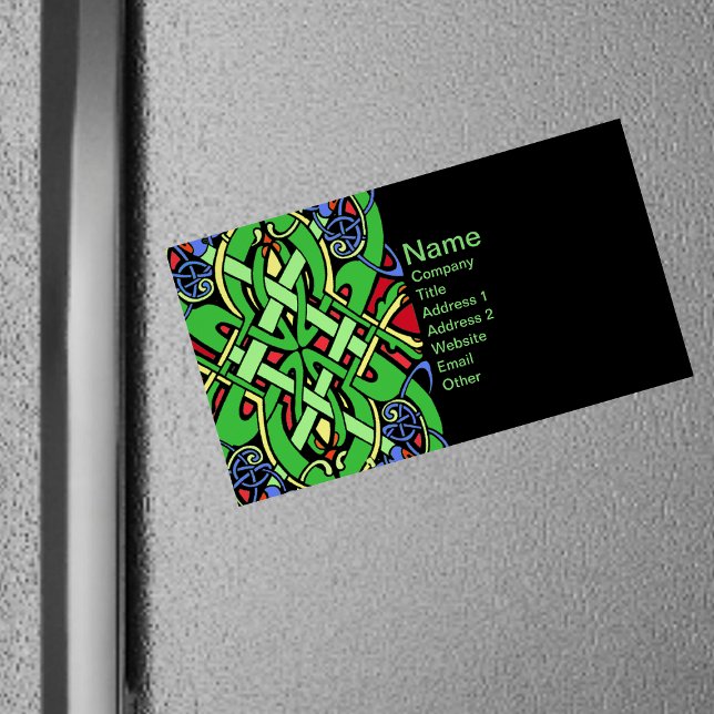 Colourful Ornate Irish Celtic Knot Magnetic Business Card (Irish Celtic green knot design ornate loops on black magnetic business cards.)
