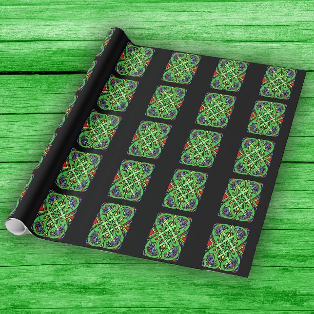 Colourful Ornate Irish Celtic Knot Wrapping Paper (Fancy Dragon Head Irish Celtic knot pattern on black roll of gift wrapping paper.)