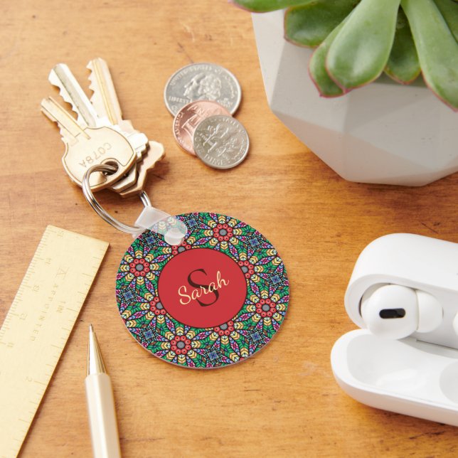 Colourful Ornate Kaleidoscope Elegant Monogram Key Ring (Desk)