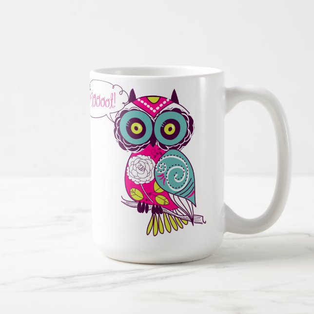 Colourful Ornate Retro Floral Hot Pink Owl Mug (Right)