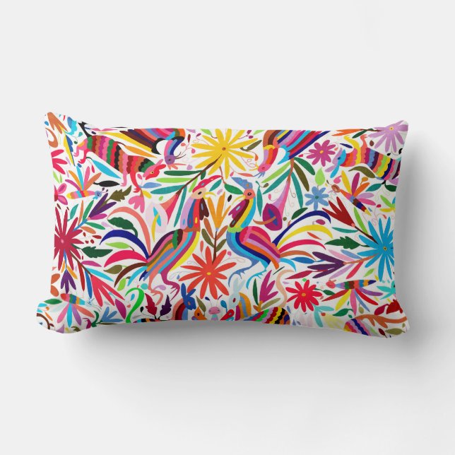 Colourful Otomi Lumbar Pillow, Mexican Embroidery Lumbar Cushion (Front)