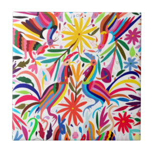 Colourful Otomi Print, Floral/Animal Pattern Ceramic Tile