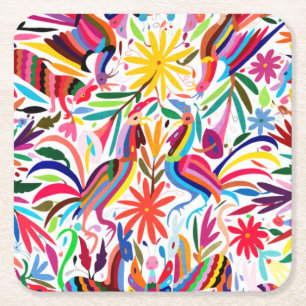 Colourful Otomi Print, Floral/Animal Pattern Square Paper Coaster