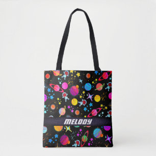 colourful outer space planet galaxy stars pattern tote bag