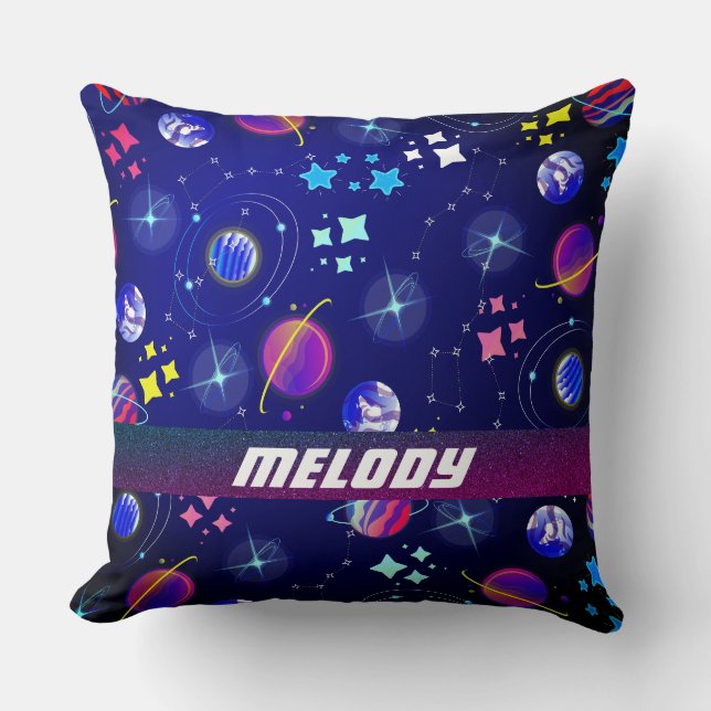 colourful outer space planets galaxy stars blue cushion (Front)