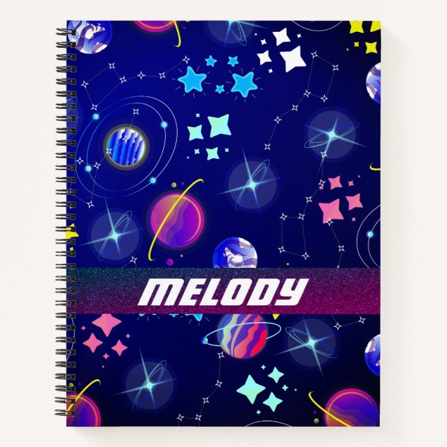 colourful outer space planets galaxy stars pattern notebook (Front)