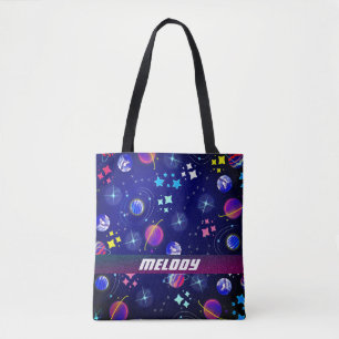 colourful outer space planets galaxy stars pattern tote bag