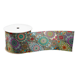 Colourful oval various mandalas floral pattern satin ribbon