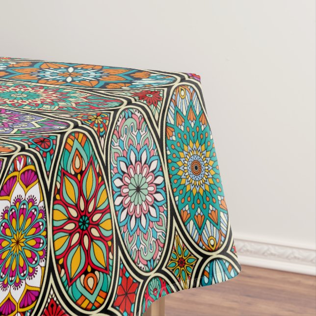 Colourful oval various mandalas floral pattern tablecloth (In Situ)